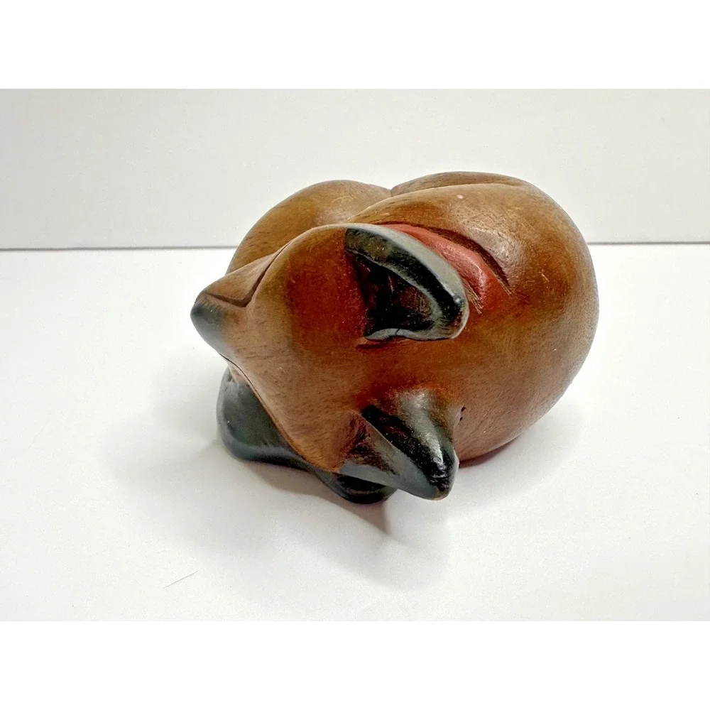 Wooden Siamese Cat Fox Figure Curled Up Sleeping Hand Carved Folk Art Rustic VTG
